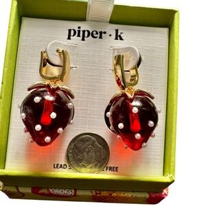 Piper K Strawberry Earrings new in box Gold tone hoop‎ post